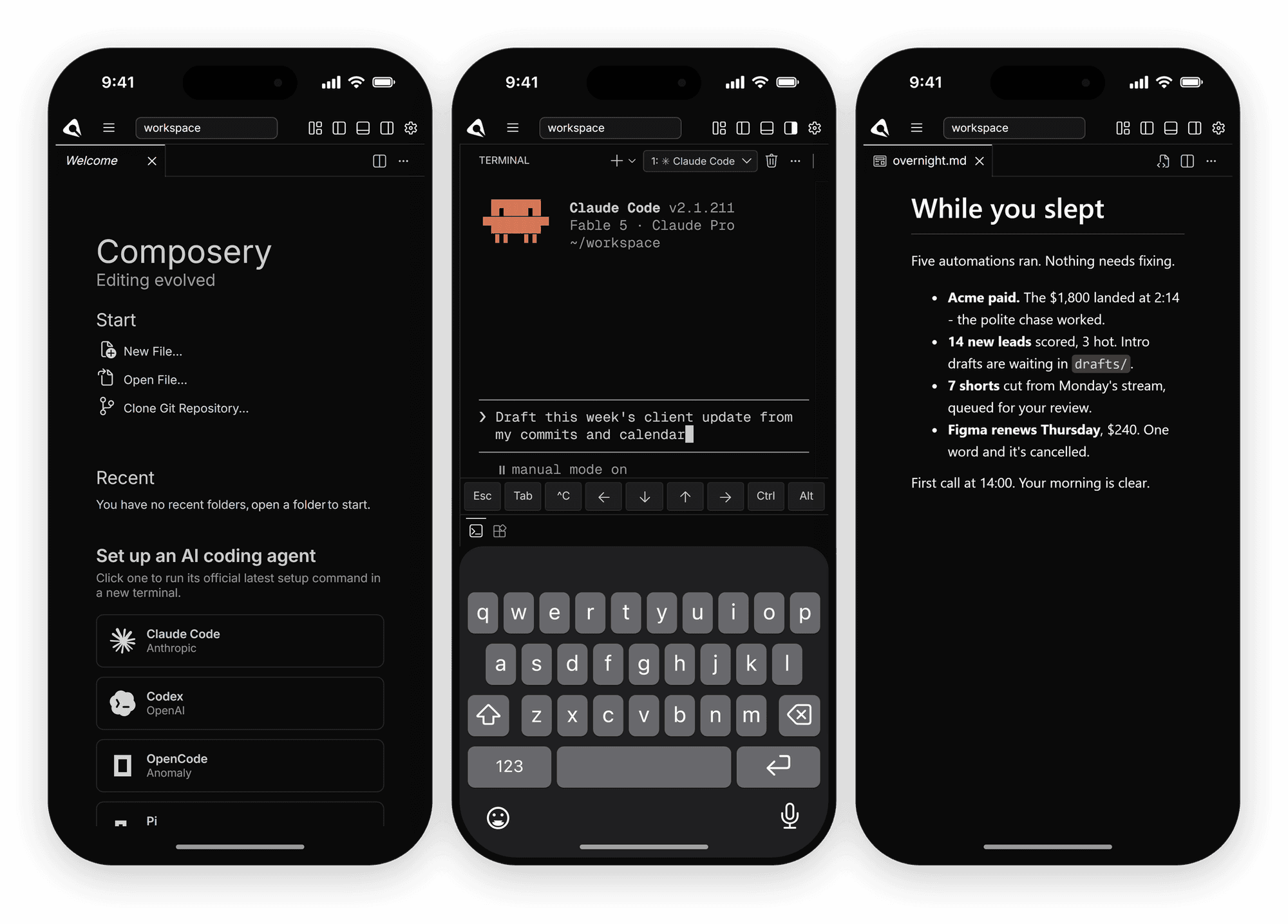 The same Composery instance on a phone: the welcome screen, Claude Code running in the terminal, and the morning brief.