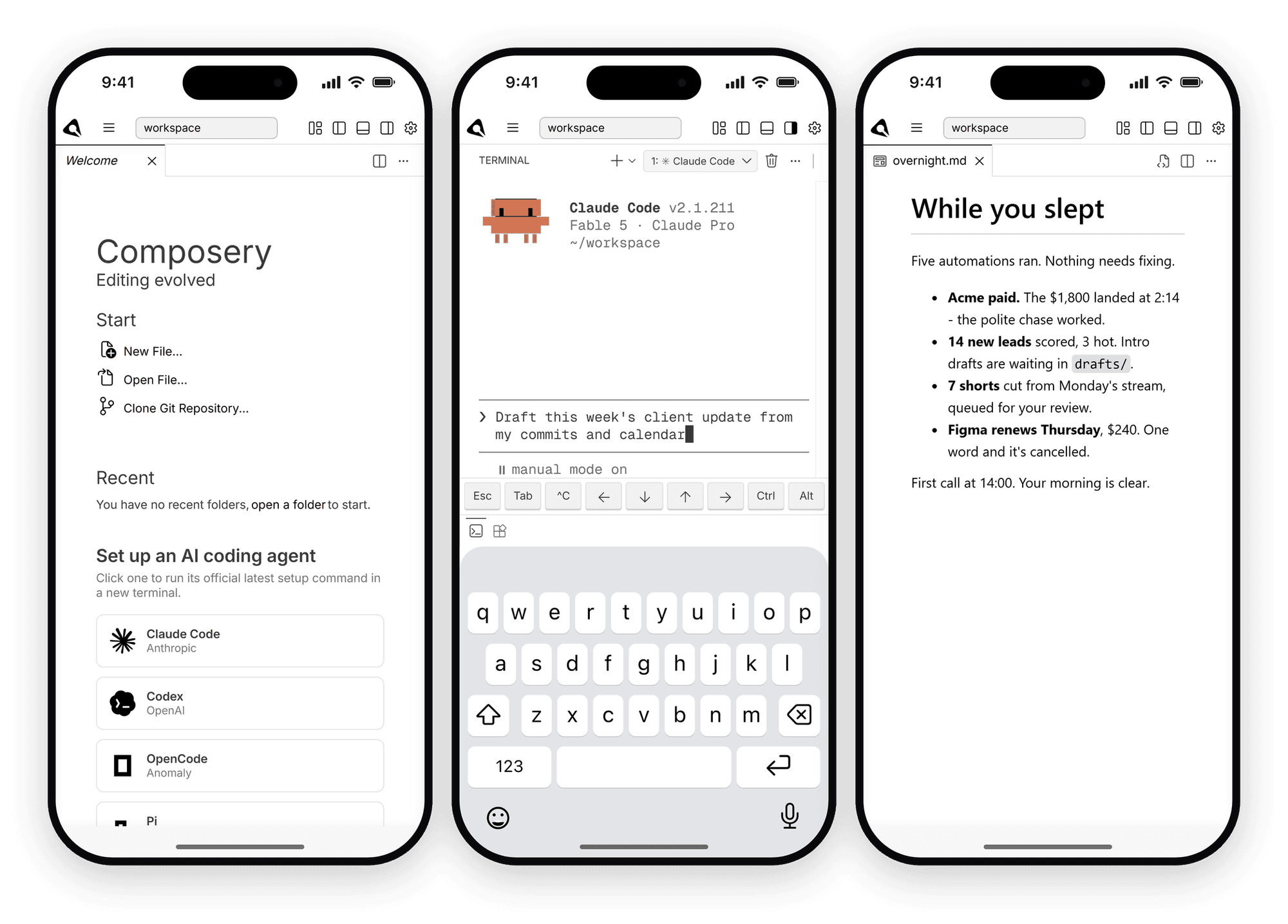 The same Composery instance on a phone: the welcome screen, Claude Code running in the terminal, and the morning brief.